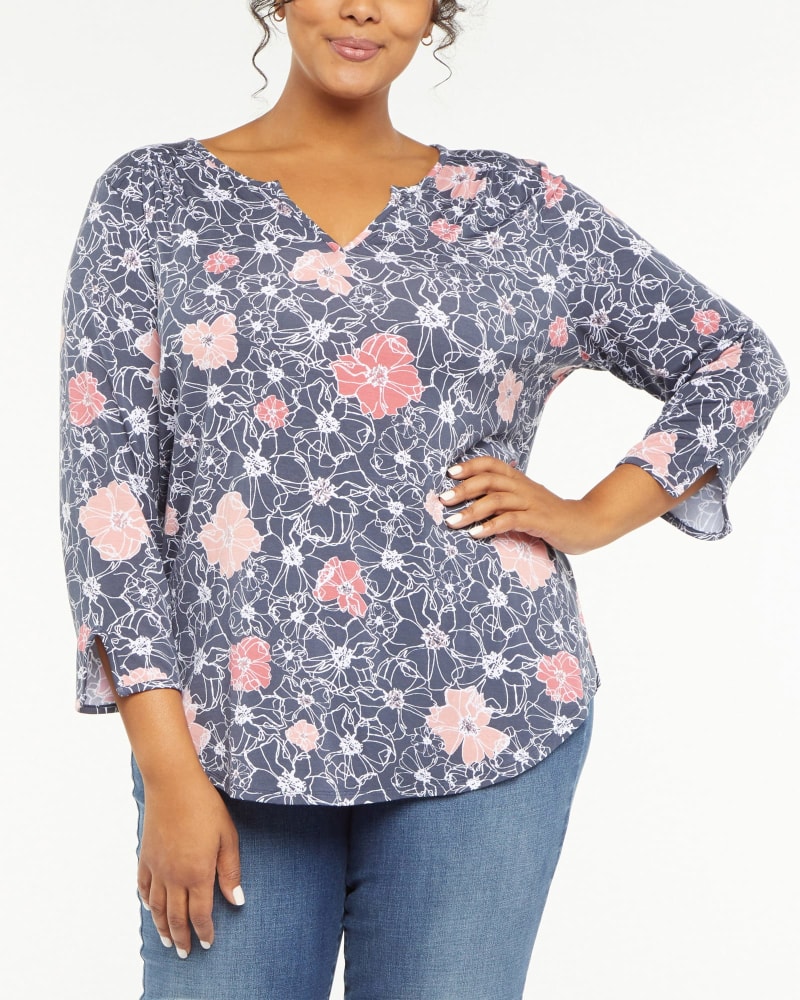 Front of a model wearing a size 0X Kendall Perfect Tee in Haven Blossoms by NYDJ. | dia_product_style_image_id:265435